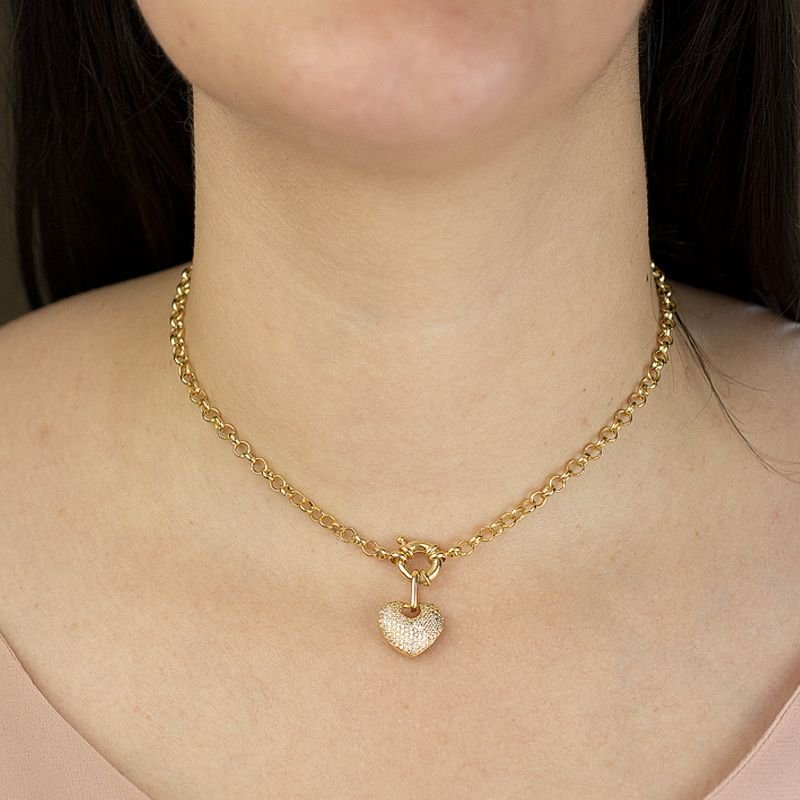 Colar de Corrente Portuguesa e Coração com Zircônias Folheado a Ouro 18k