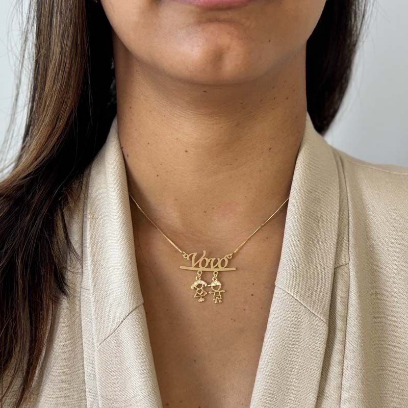 Colar da Vovó Personalizado com Dois Netos(as) Folheado a Ouro 18k