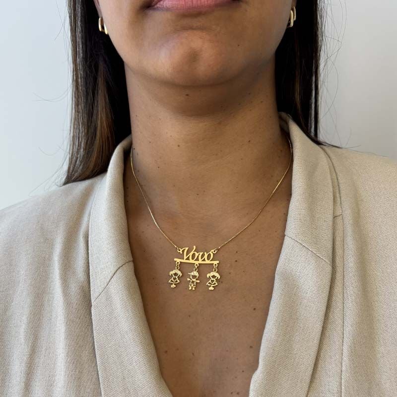 Colar da Vovó Personalizado com Três Netos(as) Folheado a Ouro 18k