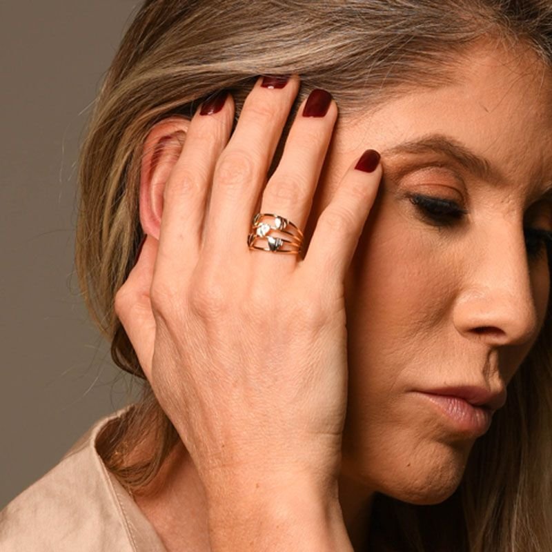 Anel Aros e Corações em Três Cores Folheado a Ouro 18k