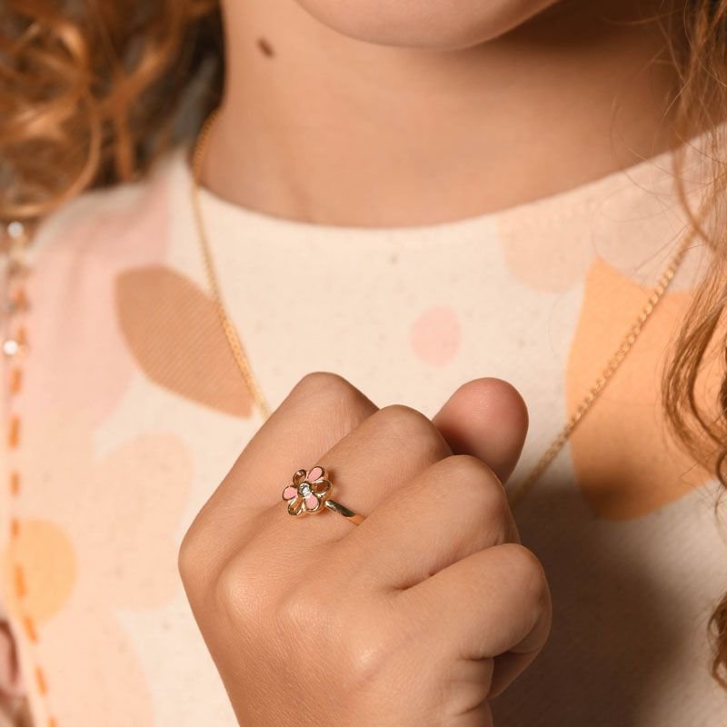 Anel Infantil Florzinha Colorida Folheado a Ouro 18k