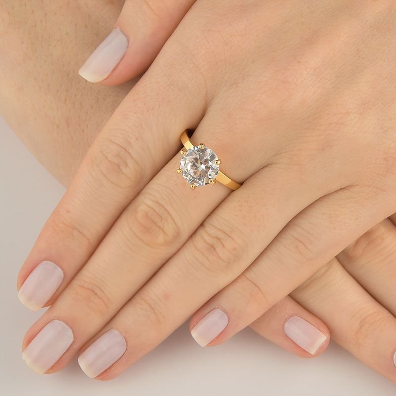 Anel Solitário Luxo com Zircônia 10mm Folheado a Ouro 18K