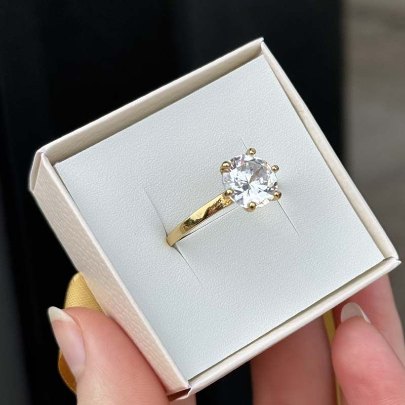 Anel Solitário Luxo com Zircônia 10mm Folheado a Ouro 18K