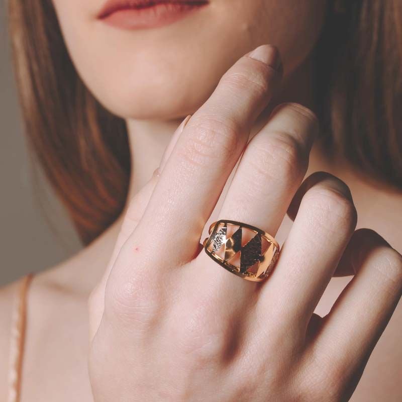 Anel Três Cores com Losangos Folheado a Ouro 18k