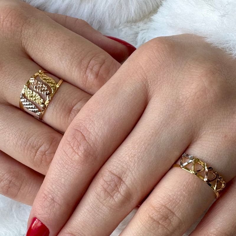 Anel Três Cores Ondulado Folheado a Ouro 18k