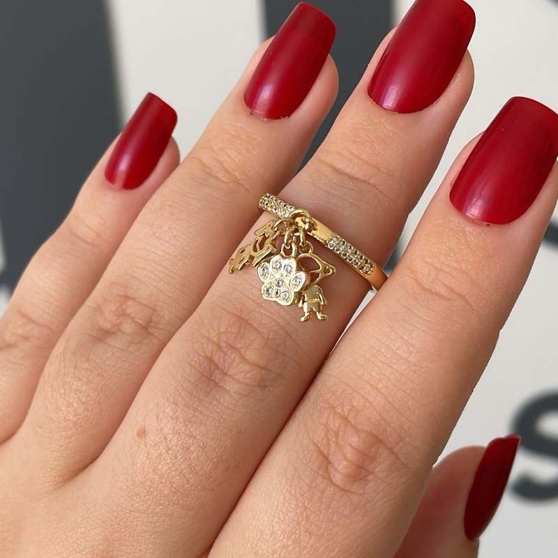 Anel Três Filhos com Zircônias Folheado a Ouro 18k - Monte do Seu Jeito