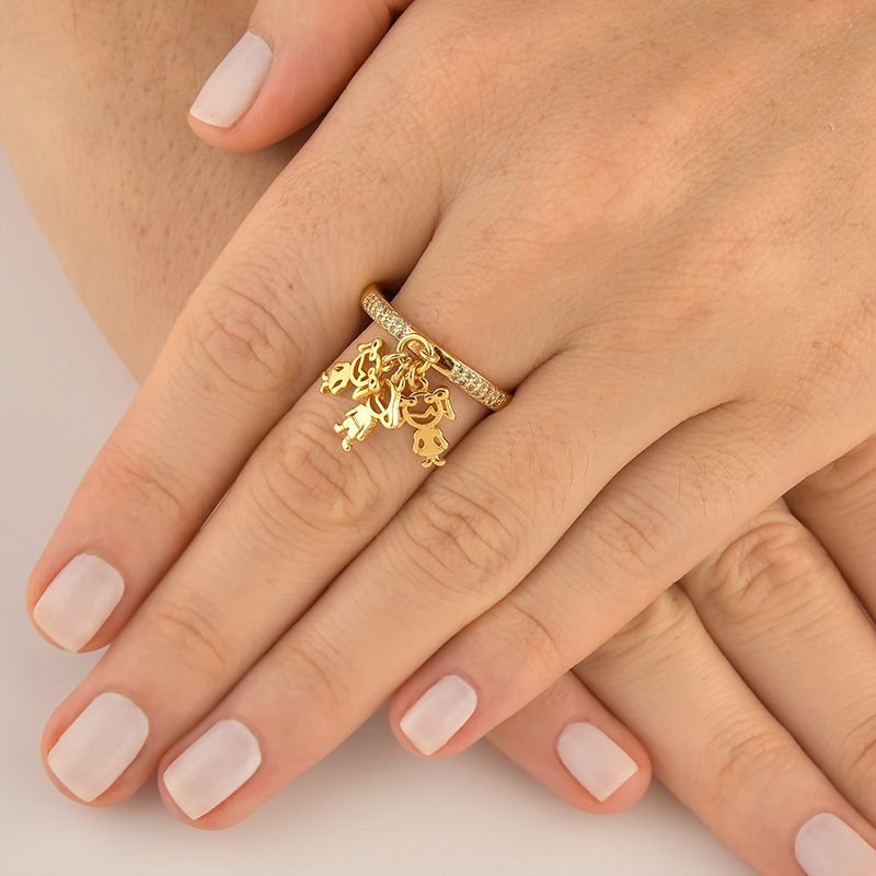 Anel Três Filhos com Zircônias Folheado a Ouro 18k - Monte do Seu Jeito