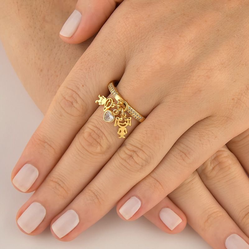 Anel Três Filhos com Zircônias Folheado a Ouro 18k - Monte do Seu Jeito