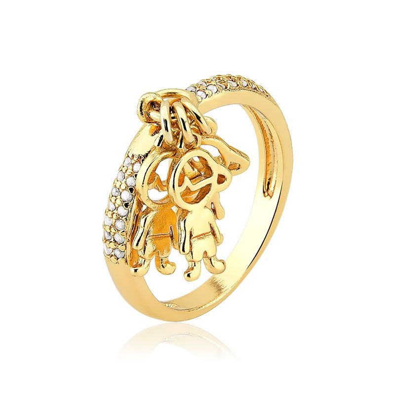 Anel Três Filhos com Zircônias Folheado a Ouro 18k - Monte do Seu Jeito