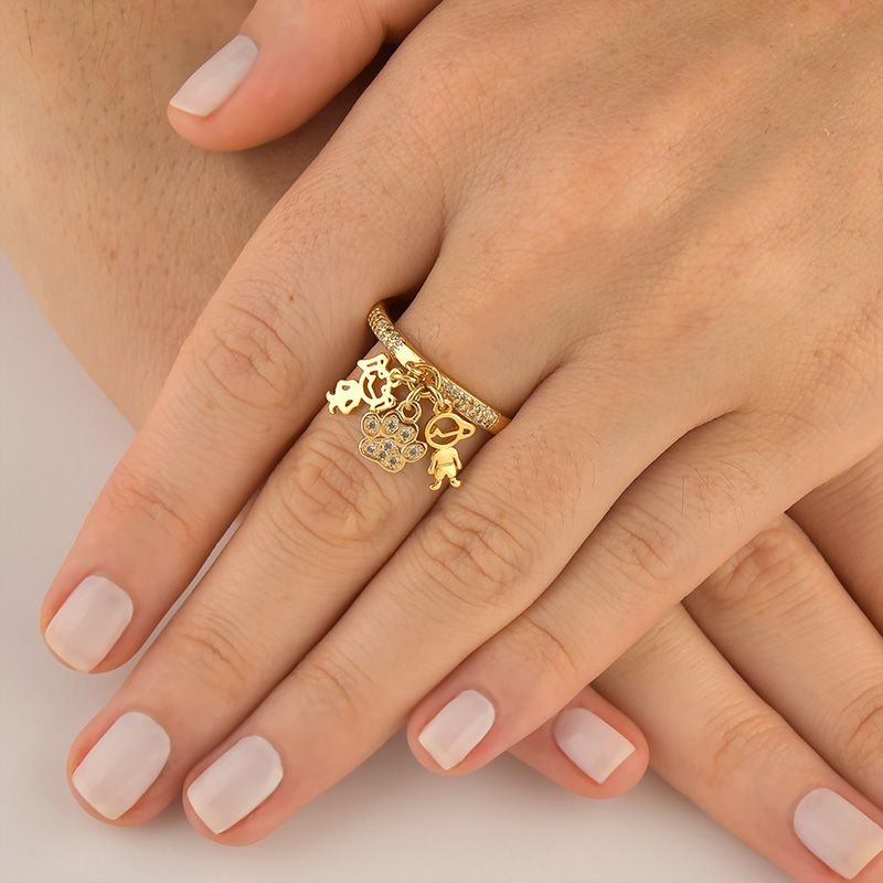 Anel Três Filhos com Zircônias Folheado a Ouro 18k - Monte do Seu Jeito