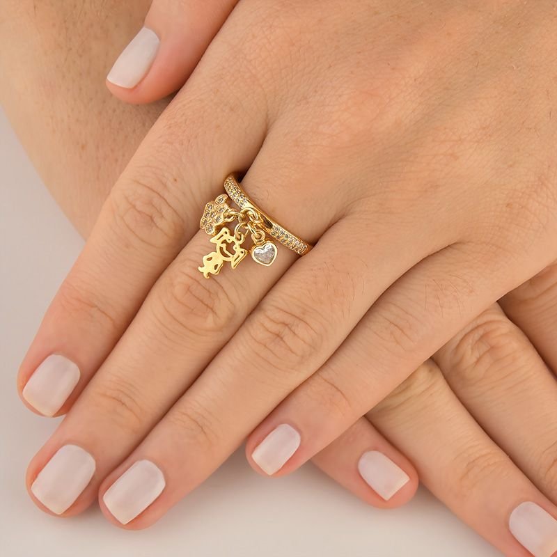 Anel Três Filhos com Zircônias Folheado a Ouro 18k - Monte do Seu Jeito