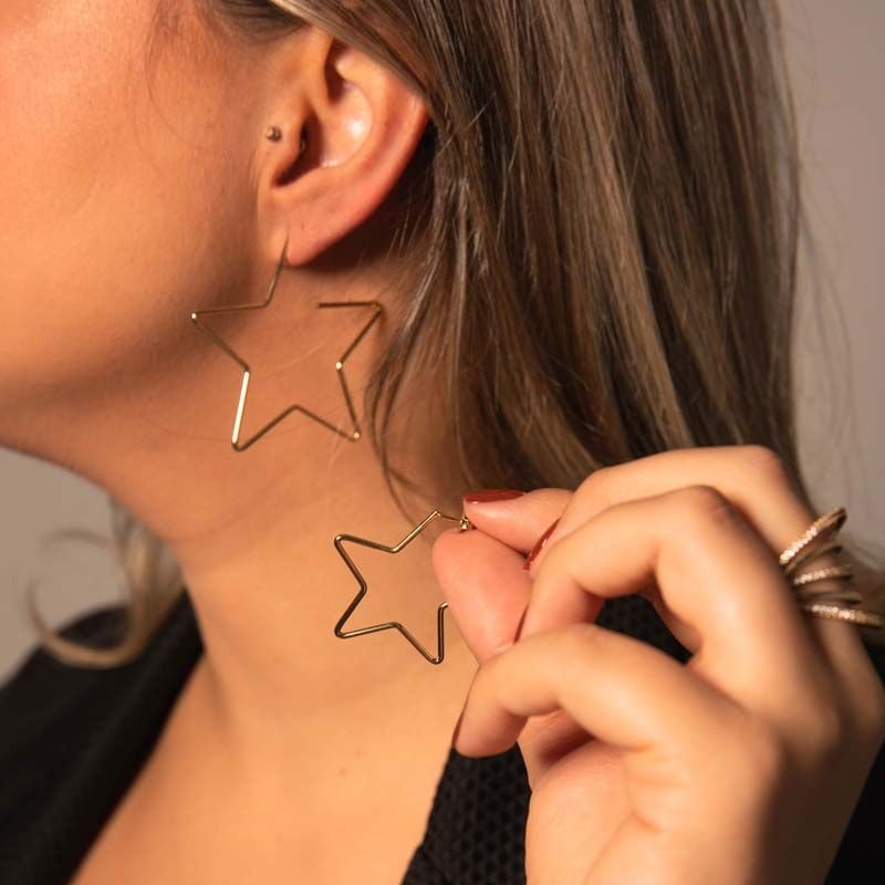 Brinco de Argola Estrela 45mm Folheado a Ouro 18k