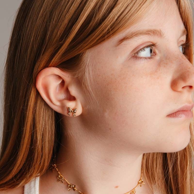 Brinco Infantil Laço Cravejado Tarraxa Baby Folheado a Ouro 18k