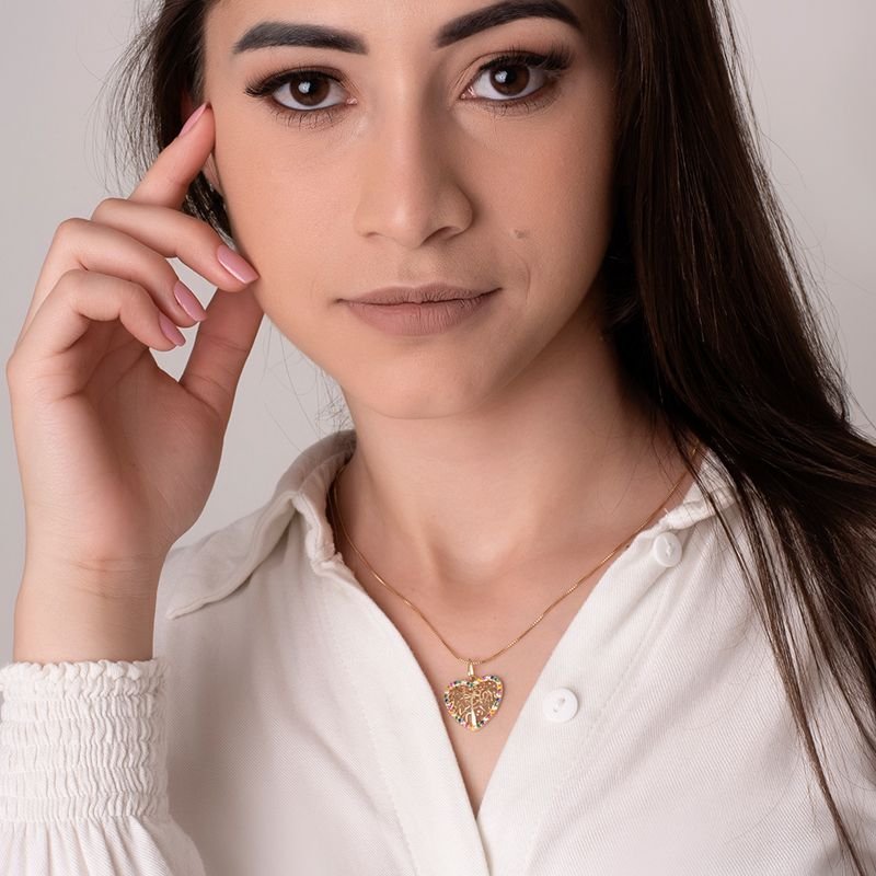 Colar Coração Árvore da Vida com Zircônias Multicolor Folheado a Ouro 18k