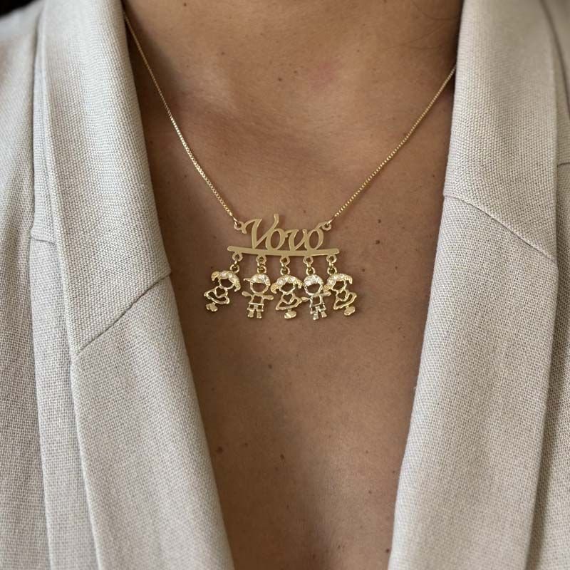 Colar da Vovó Personalizado com Cinco Netos(as) Folheado a Ouro 18k