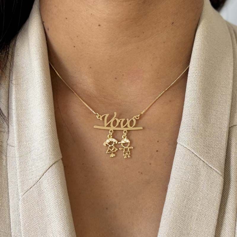 Colar da Vovó Personalizado com Dois Netos(as) Folheado a Ouro 18k