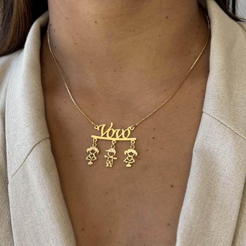 Colar da Vovó Personalizado com Três Netos(as) Folheado a Ouro 18k