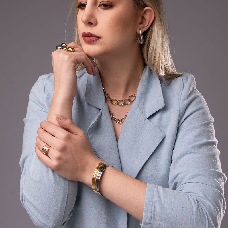Colar De Correntes Bicolor Folheado a Ouro 18k e Ródio Branco
