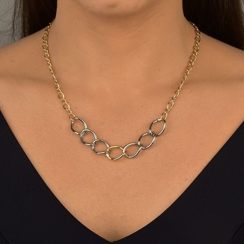 Colar De Correntes Bicolor Folheado a Ouro 18k e Ródio Branco
