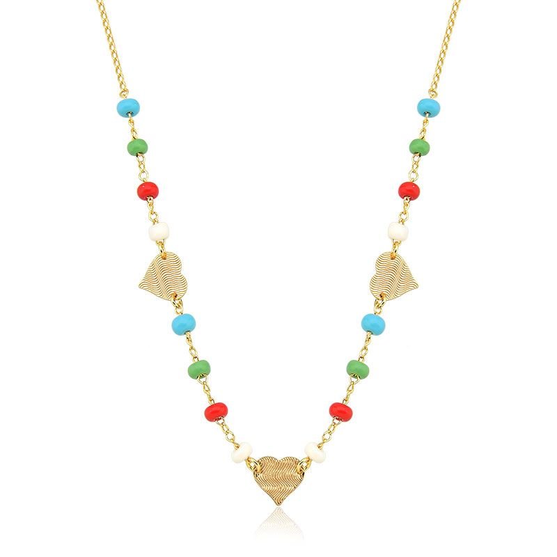 Colar de Miçangas Coloridas e Corações Folheado a ouro 18k
