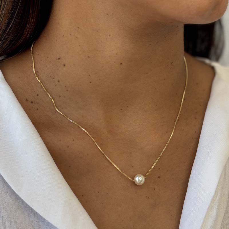 Colar de Pérola Delicado com Corrente Veneziana Folheado a Ouro 18k