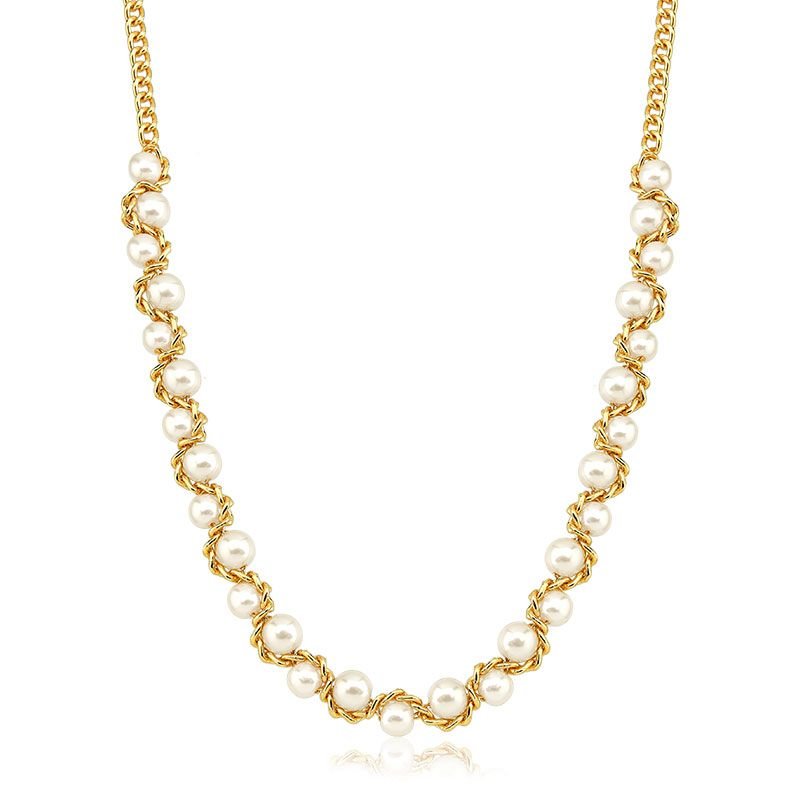 Colar de Pérolas com Corrente Trançada Folheado a Ouro 18k
