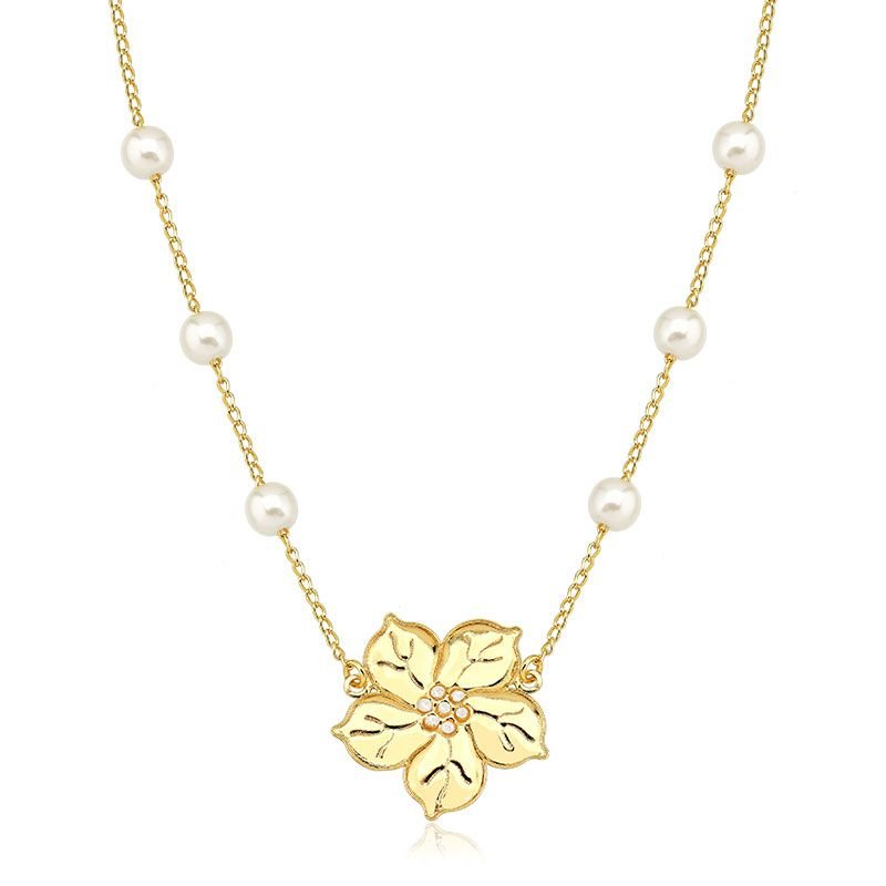 Colar de Pérolas e Flor com Microzircônias Folheado a Ouro 18k
