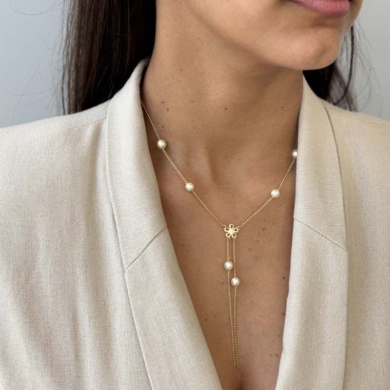 Colar Gravatinha com Pérolas Folheado a Ouro 18k