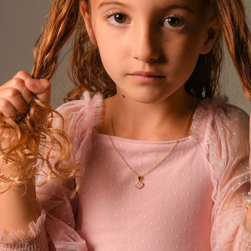 Colar Infantil Feminino Coração Resinado Folheado a Ouro 18k