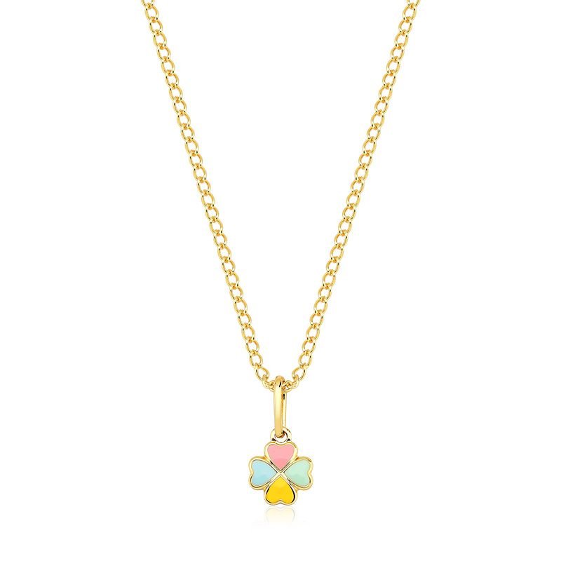 Colar Infantil Trevinho Colorido com Brincos Folheado a Ouro 18k