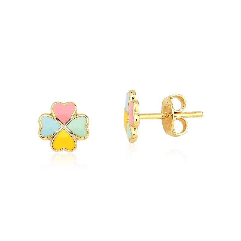 Colar Infantil Trevinho Colorido com Brincos Folheado a Ouro 18k