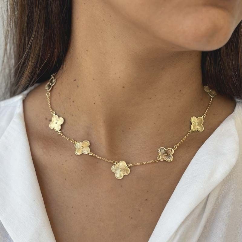 Colar Trevos de Quatro Folhas Diamantados Folheado a Ouro 18k