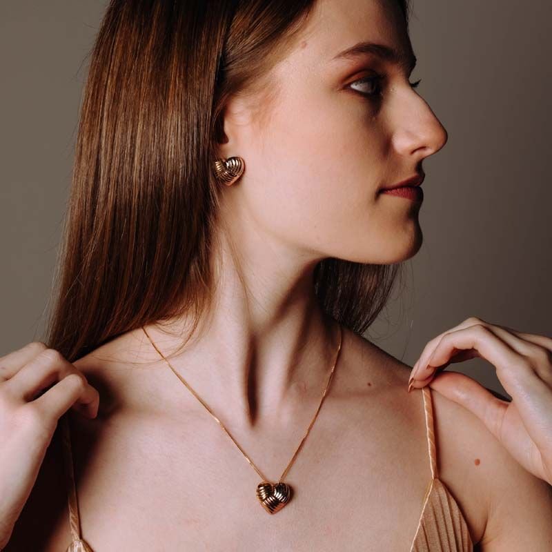 Conjunto Colar e Brincos Coração em Três Cores Folheada a Ouro 18k