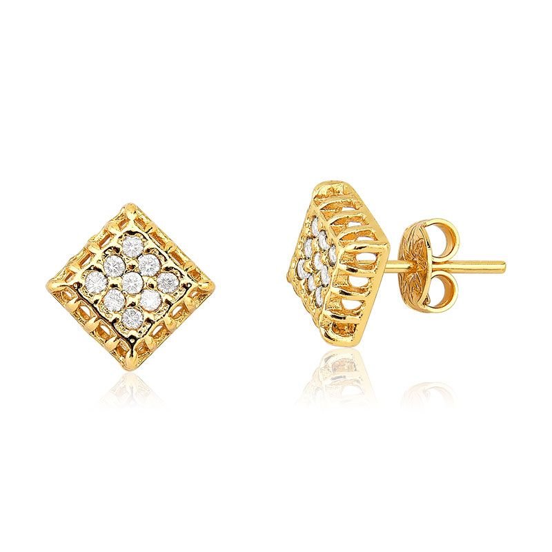 Conjunto Colar e Brincos Quadrado Folheado a Ouro 18k