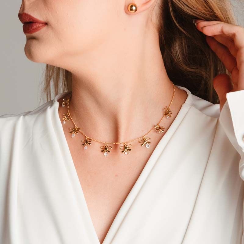 Gargantilha Choker com Lacinhos e Pontos de Luz Folheada a ouro 18k