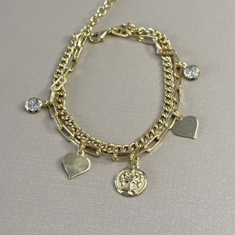 Pulseira com Pingentes Delicados em Correntes Duplas Folheada a Ouro 18k