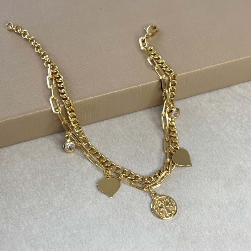 Pulseira com Pingentes Delicados em Correntes Duplas Folheada a Ouro 18k