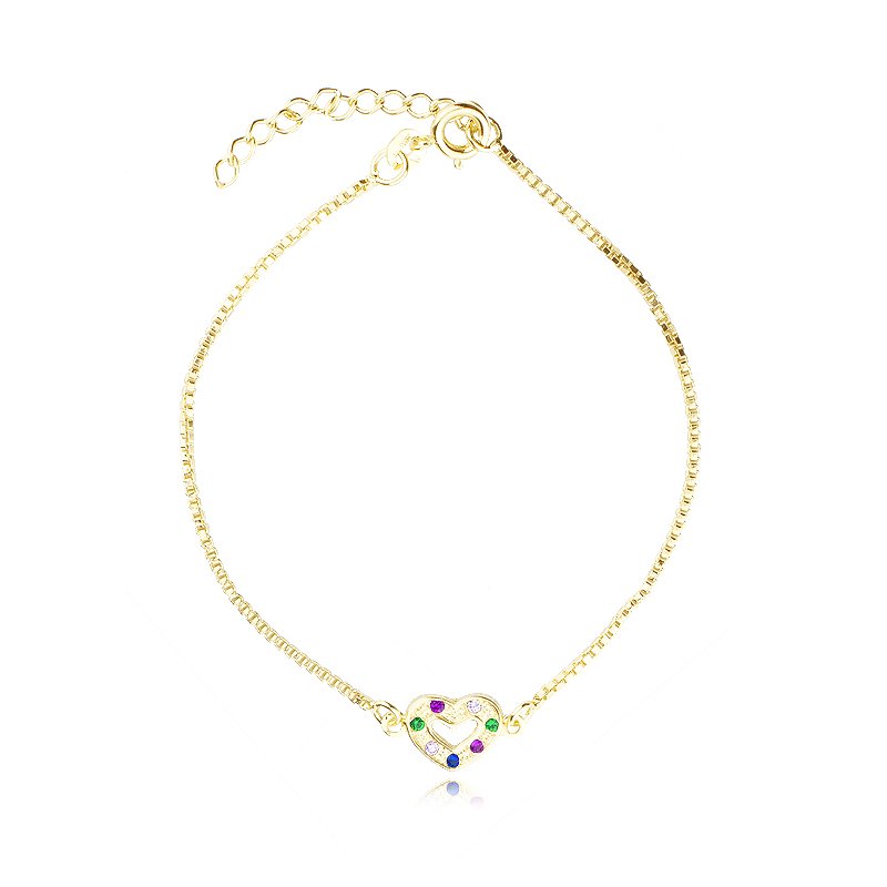 Pulseira Cravejada Coração multicolor Folheada a Ouro 18k