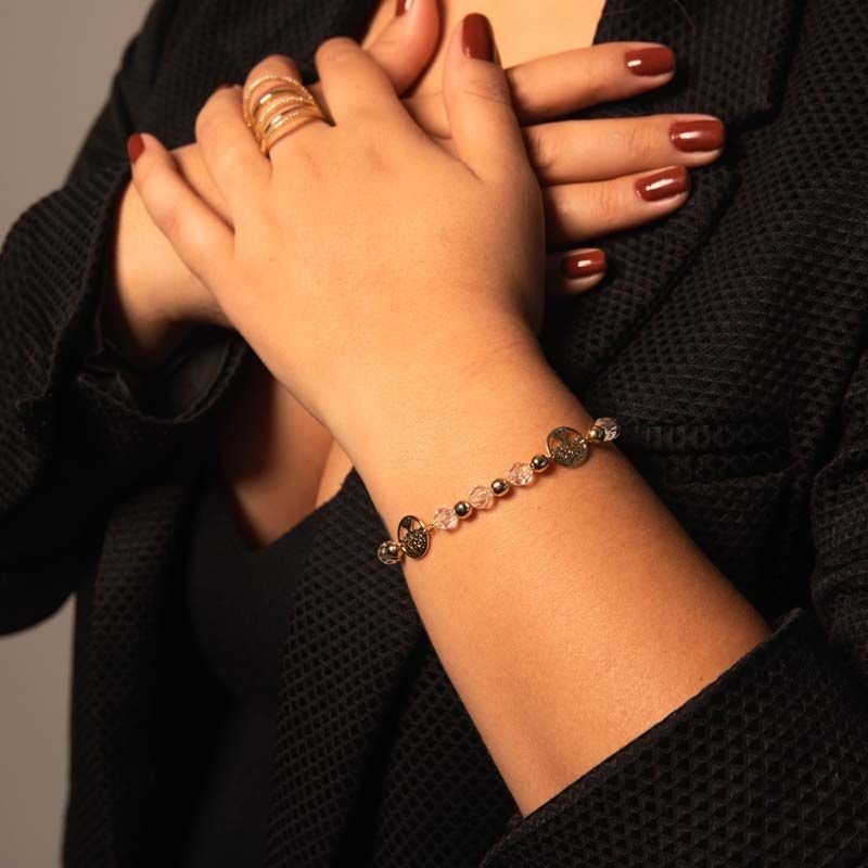 Pulseira de Miçangas e Árvore da Vida Folheada a Ouro 18k