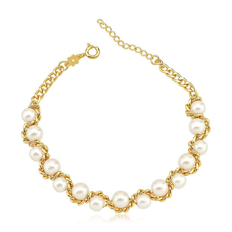 Pulseira de Pérolas com Corrente Trançada Folheada a Ouro 18k