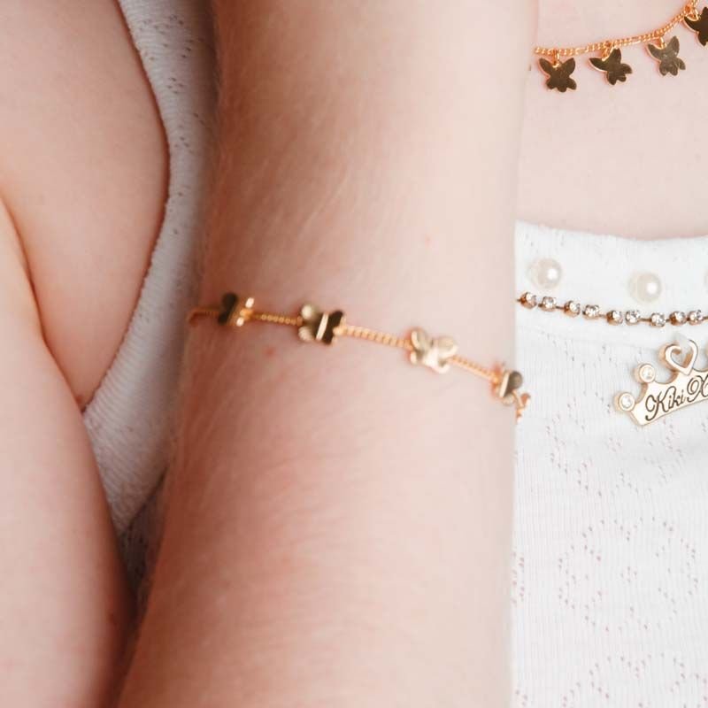 Pulseira Infantil com Borboletas Diamantadas Folheada a Ouro 18k