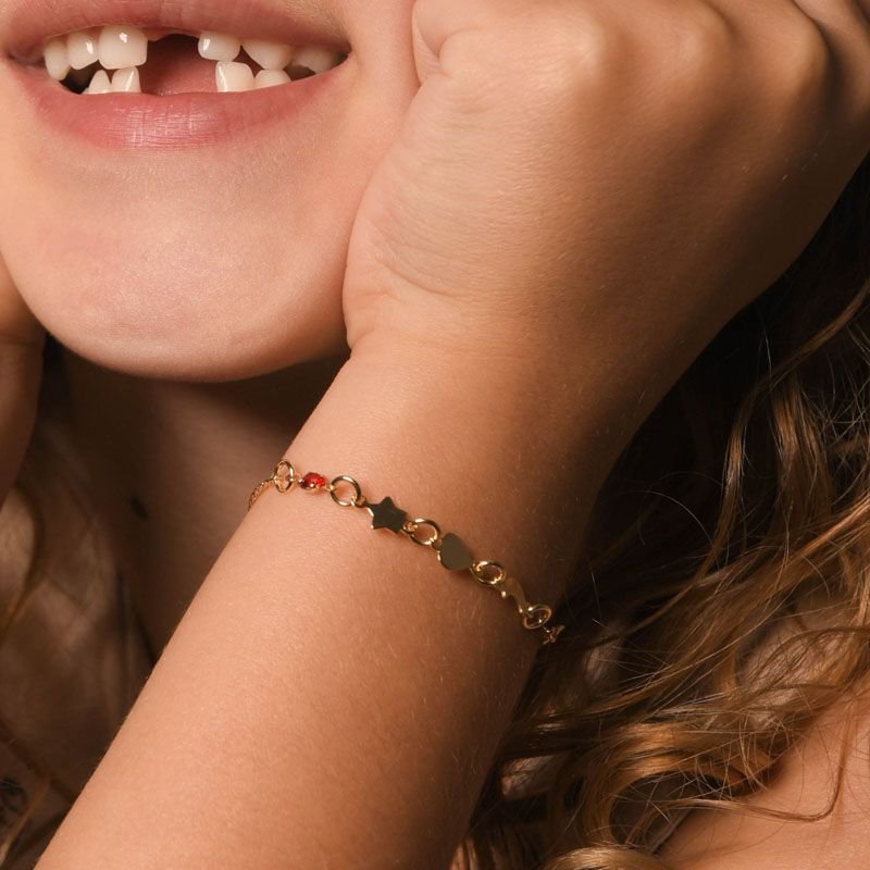 Pulseira Infantil com Lua Estrela e Coração Folheada a Ouro 18k