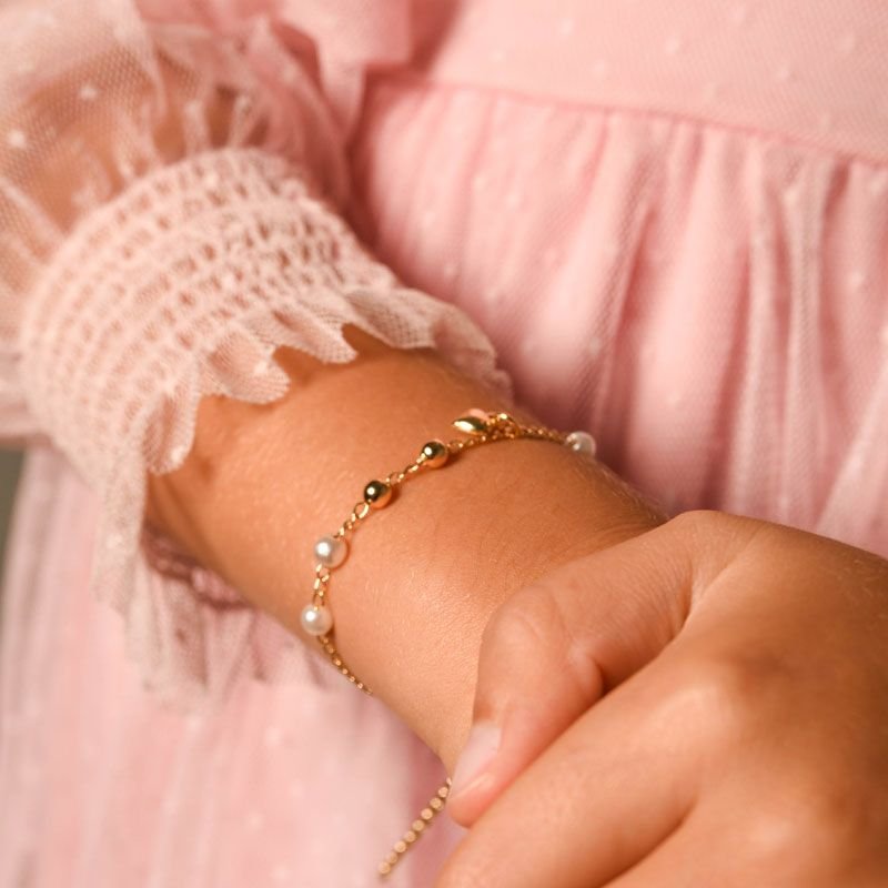 Pulseira Infantil de Bolinhas e Pérolas com Coração Folheada a Ouro 18k
