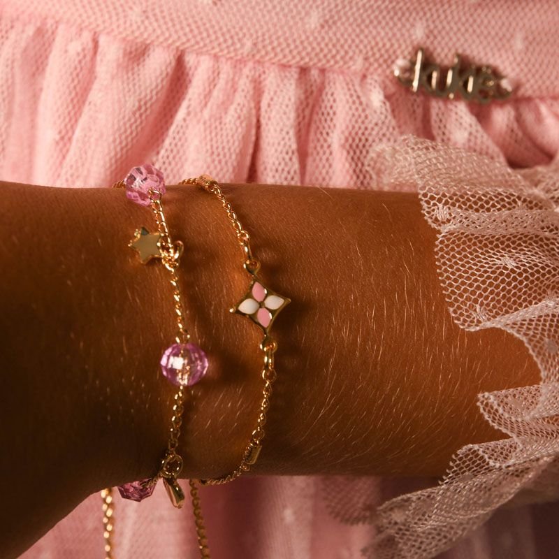Pulseira Infantil Florzinha Colorida Folheada a Ouro 18k