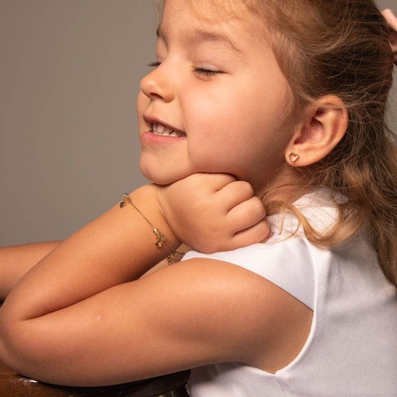 Pulseira Infantil Miçangas com Lua Estrela e Coração Folheado a Ouro 18k