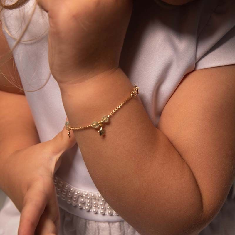 Pulseira Infantil Miçangas com Lua Estrela e Coração Folheado a Ouro 18k