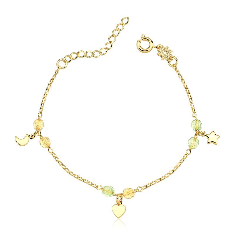 Pulseira Infantil Miçangas com Lua Estrela e Coração Folheado a Ouro 18k