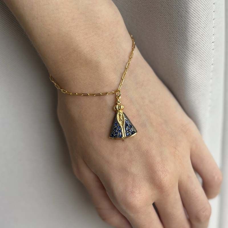 Pulseira Nossa Senhora Aparecida Cravejada Folheada a Ouro 18k