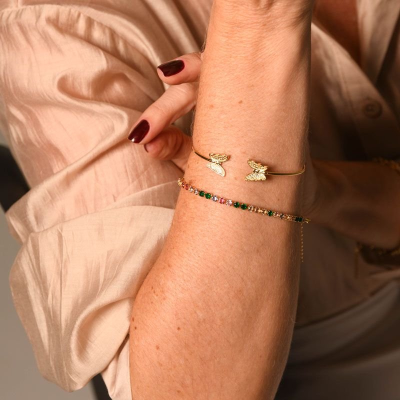 Pulseira Riviera e Corações Folheada a Ouro 18k
