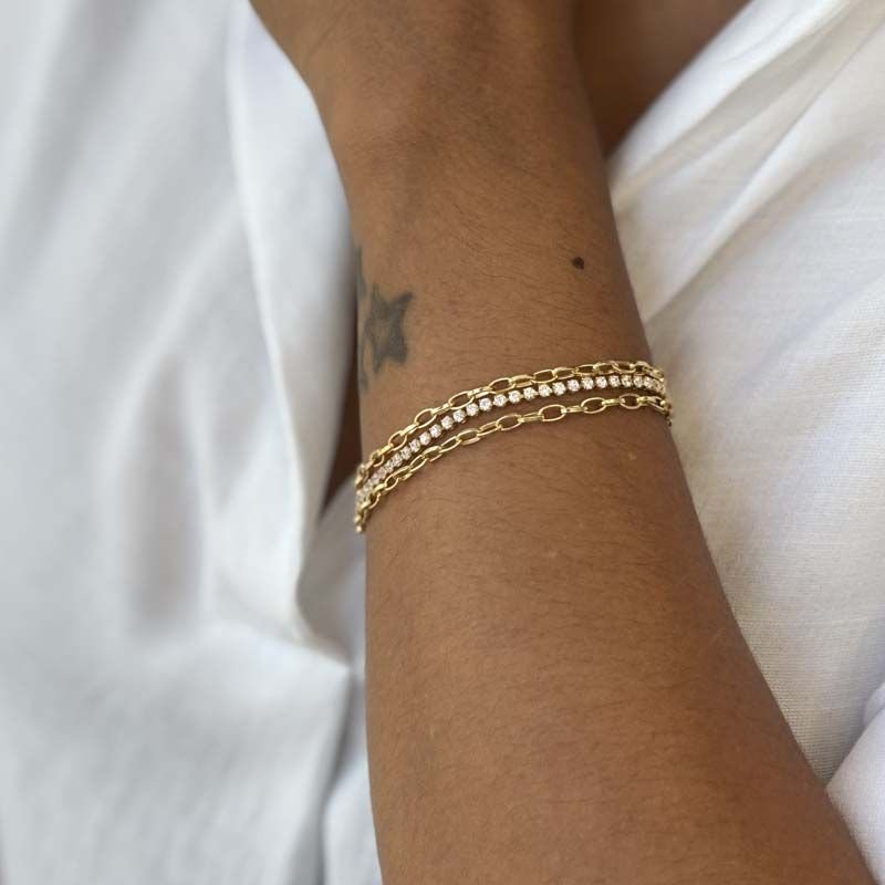 Pulseira Tripla de Zircônias e Correntes Folheada a Ouro 18k